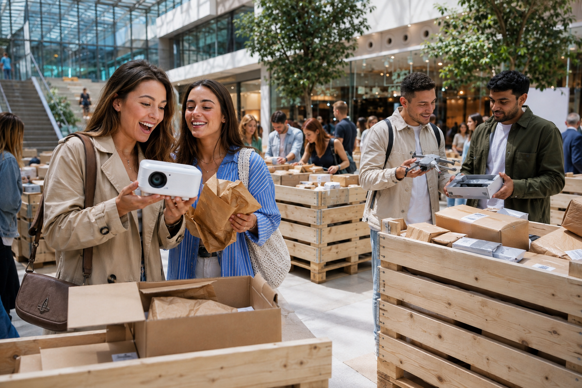 Illustrative mall pop-up with people unboxing and wooden pallet displays
